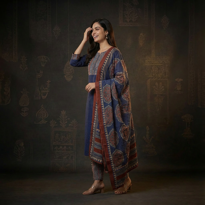 Solid Ethnic Straight Fit Kurta with Printed Pant & Cotton Dupatta - Navy Blue