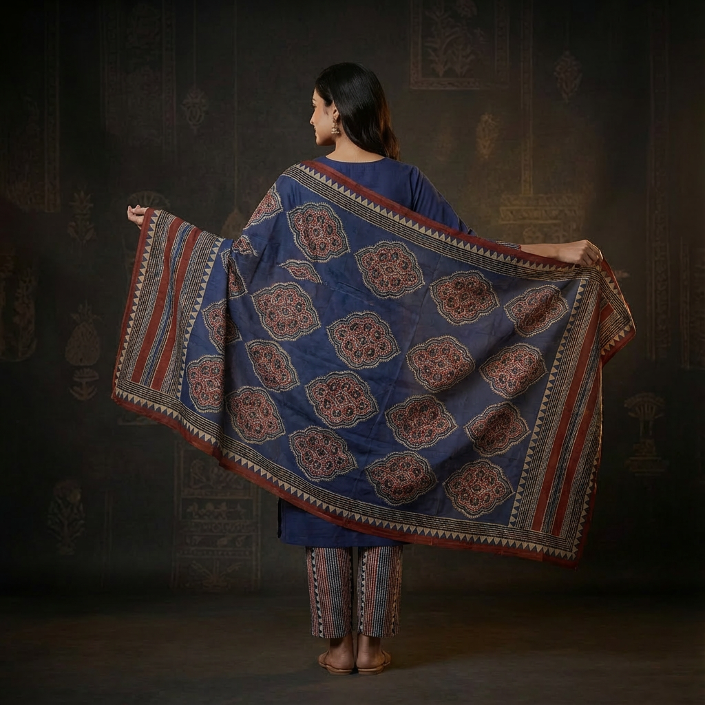 Solid Ethnic Straight Fit Kurta with Printed Pant & Cotton Dupatta - Navy Blue