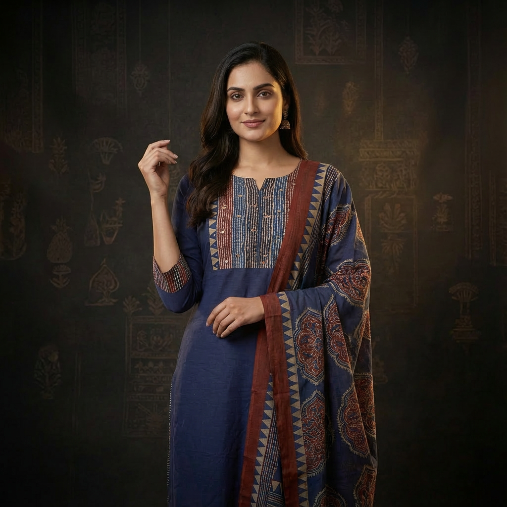 Solid Ethnic Straight Fit Kurta with Printed Pant & Cotton Dupatta - Navy Blue