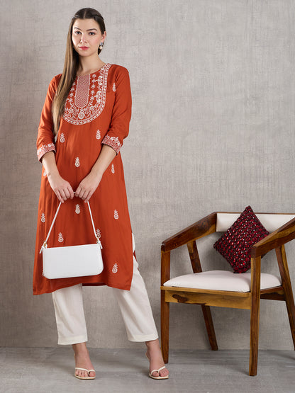 Solid Floral Chikankari Embroidered Straight Fit Kurta - Rust