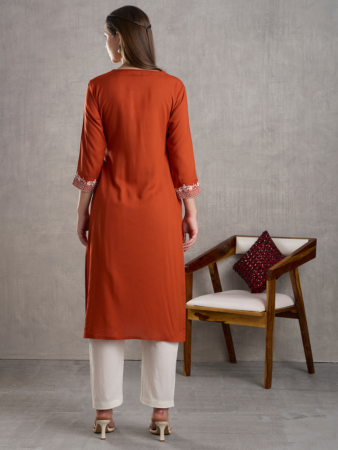 Solid Floral Chikankari Embroidered Straight Fit Kurta - Rust