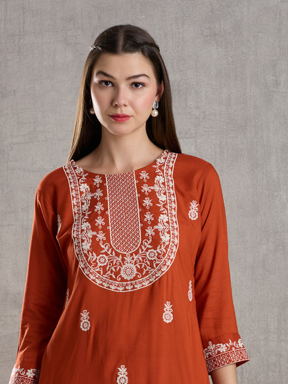 Solid Floral Chikankari Embroidered Straight Fit Kurta - Rust