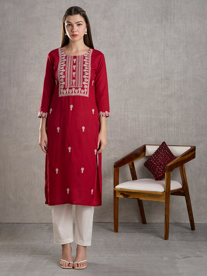 Solid Floral Chikankari Embroidered Straight Fit Kurta - Maroon