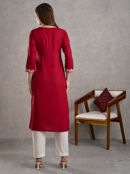 Solid Floral Chikankari Embroidered Straight Fit Kurta - Maroon