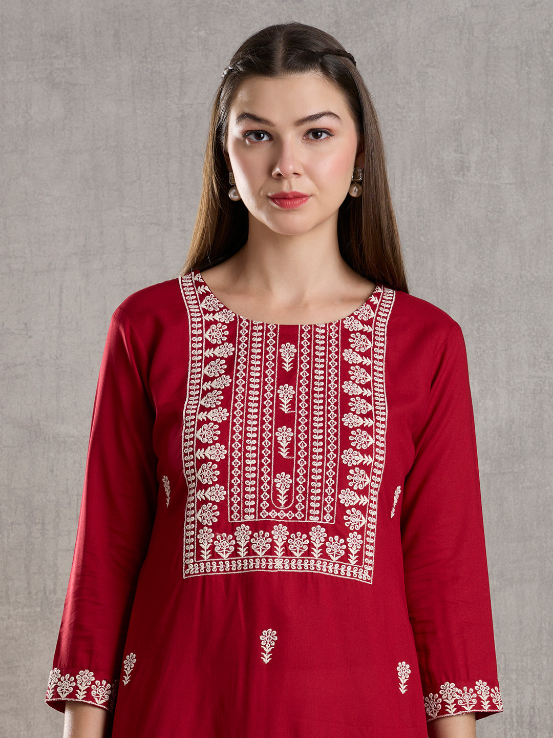 Solid Floral Chikankari Embroidered Straight Fit Kurta - Maroon