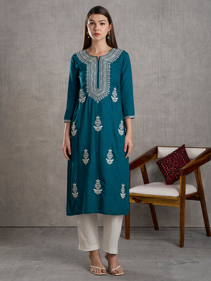 Solid Floral Chikankari Embroidered Straight Kurta - Teal Green