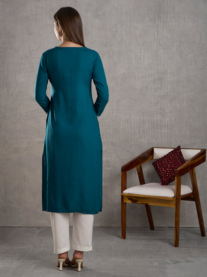 Solid Floral Chikankari Embroidered Straight Kurta - Teal Green