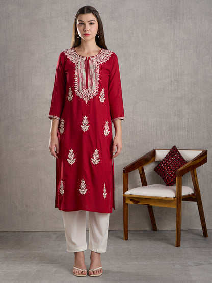 Solid Floral Chikankari Embroidered Straight Fit Kurta - Red