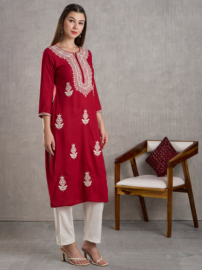 Solid Floral Chikankari Embroidered Straight Fit Kurta - Red