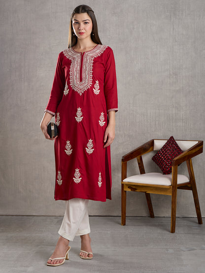 Solid Floral Chikankari Embroidered Straight Fit Kurta - Red