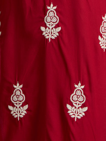 Solid Floral Chikankari Embroidered Straight Fit Kurta - Red