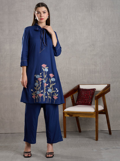 Solid Floral Embroidered Straight Fit Co-ord Set - Blue