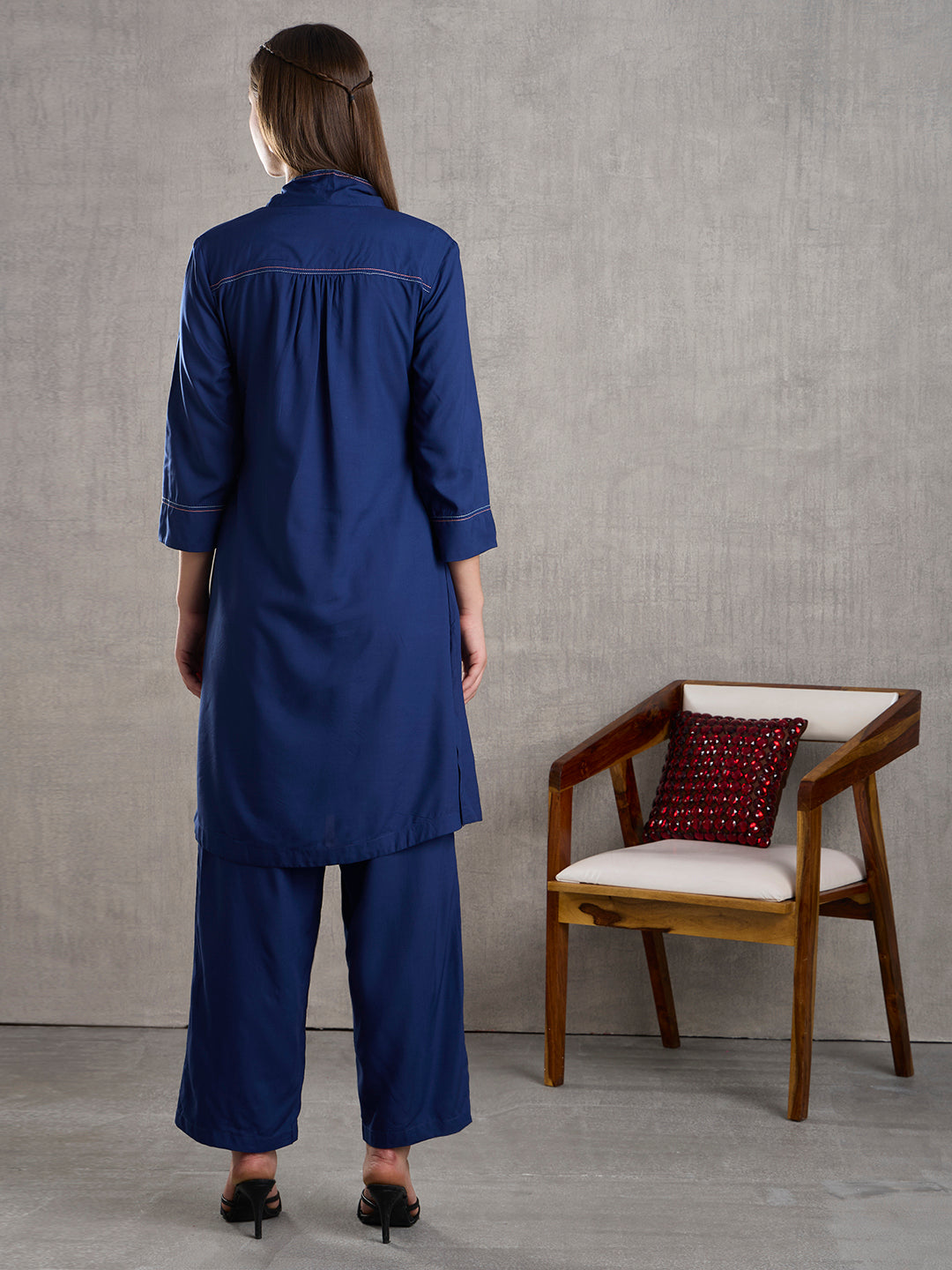 Solid Floral Embroidered Straight Fit Co-ord Set - Blue