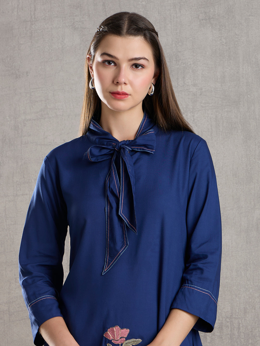 Solid Floral Embroidered Straight Fit Co-ord Set - Blue