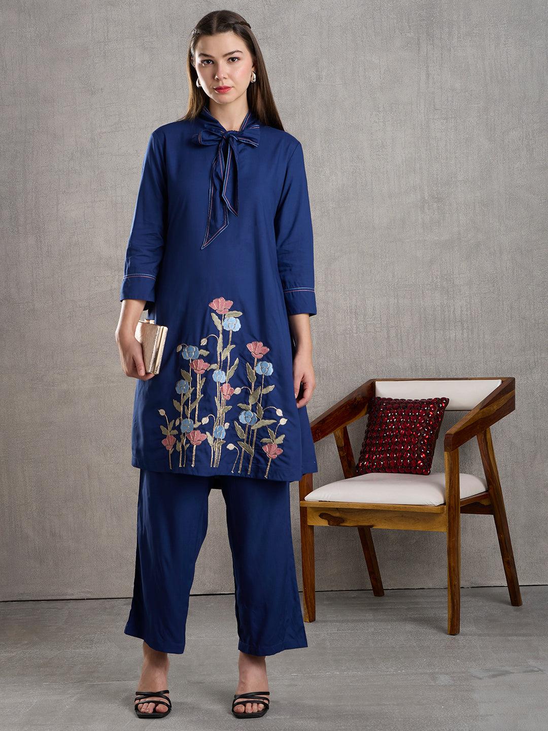 Solid Floral Embroidered Straight Fit Co-ord Set - Blue