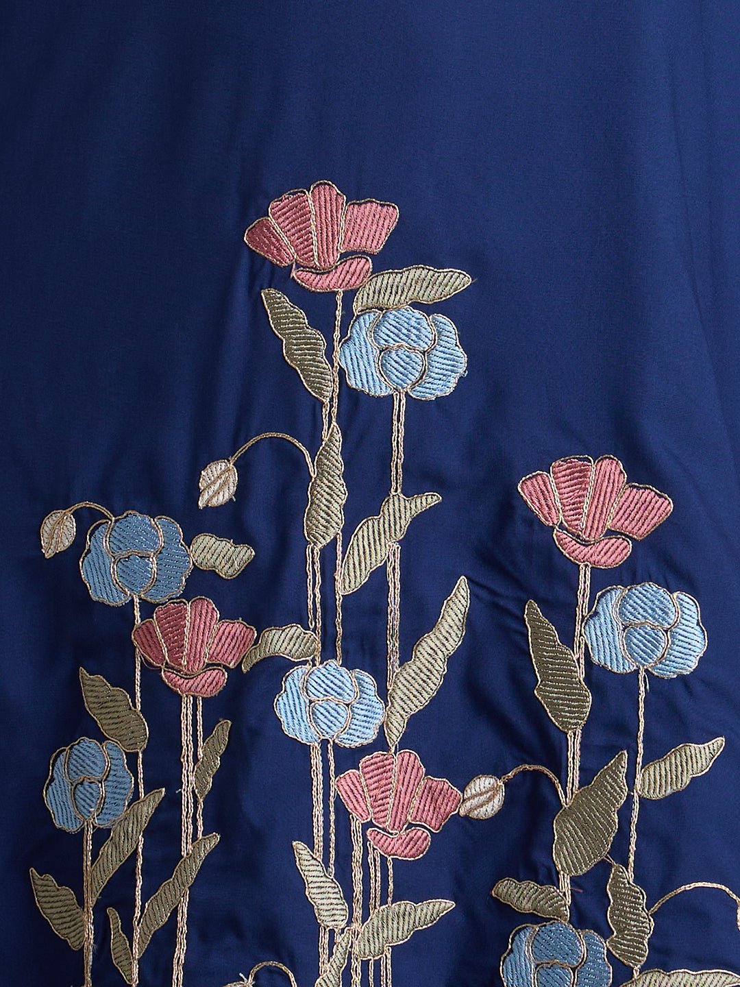 Solid Floral Embroidered Straight Fit Co-ord Set - Blue