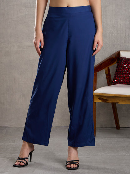 Solid Floral Embroidered Straight Fit Co-ord Set - Blue