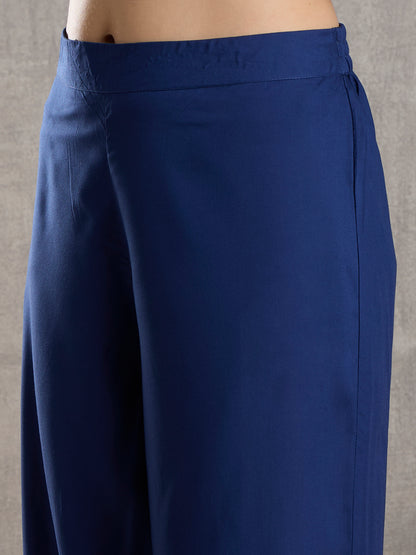 Solid Floral Embroidered Straight Fit Co-ord Set - Blue