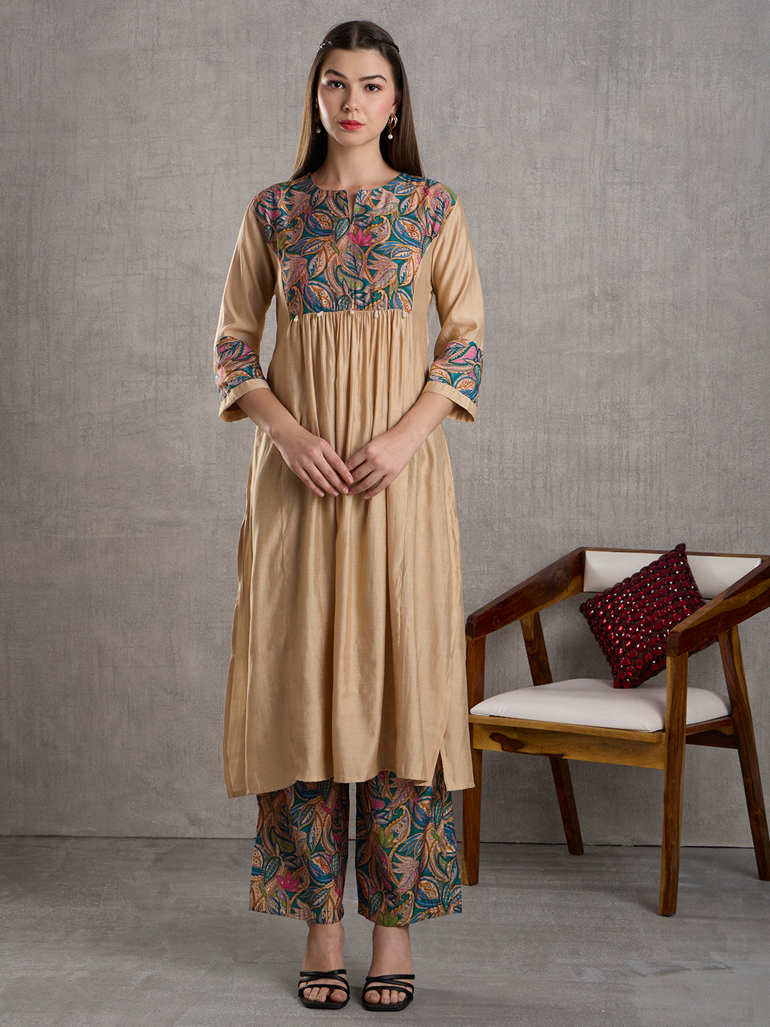 Floral Printed Yoke & A-Line Kurta with Palazzo - Cream
