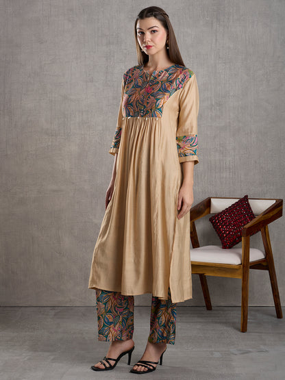 Floral Printed Yoke & A-Line Kurta with Palazzo - Cream