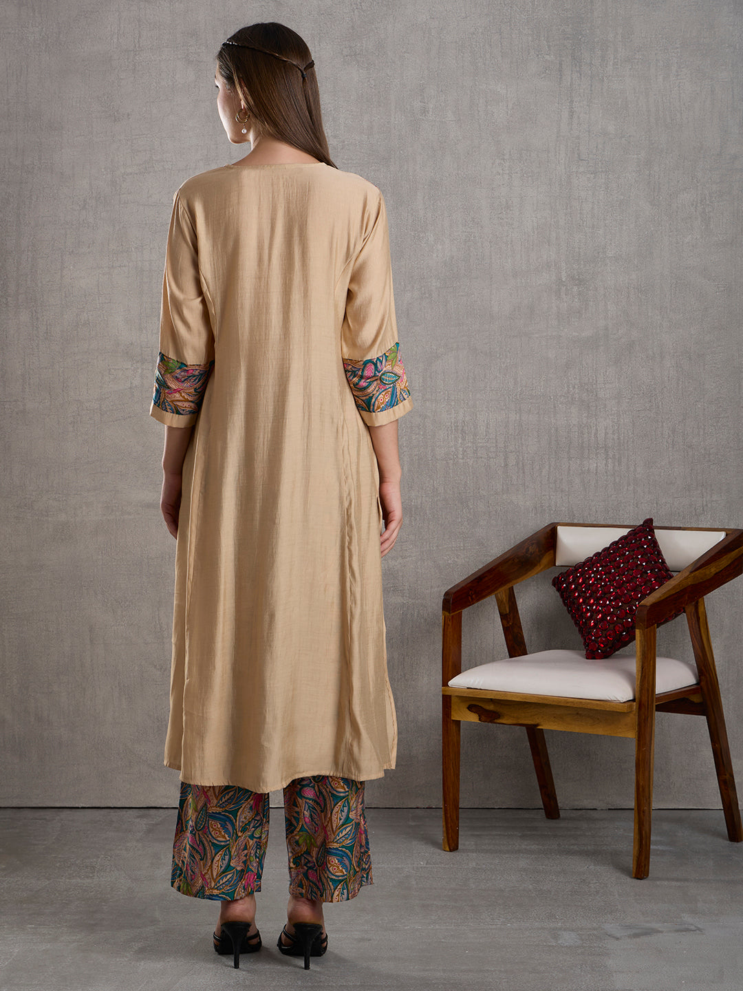 Floral Printed Yoke & A-Line Kurta with Palazzo - Cream