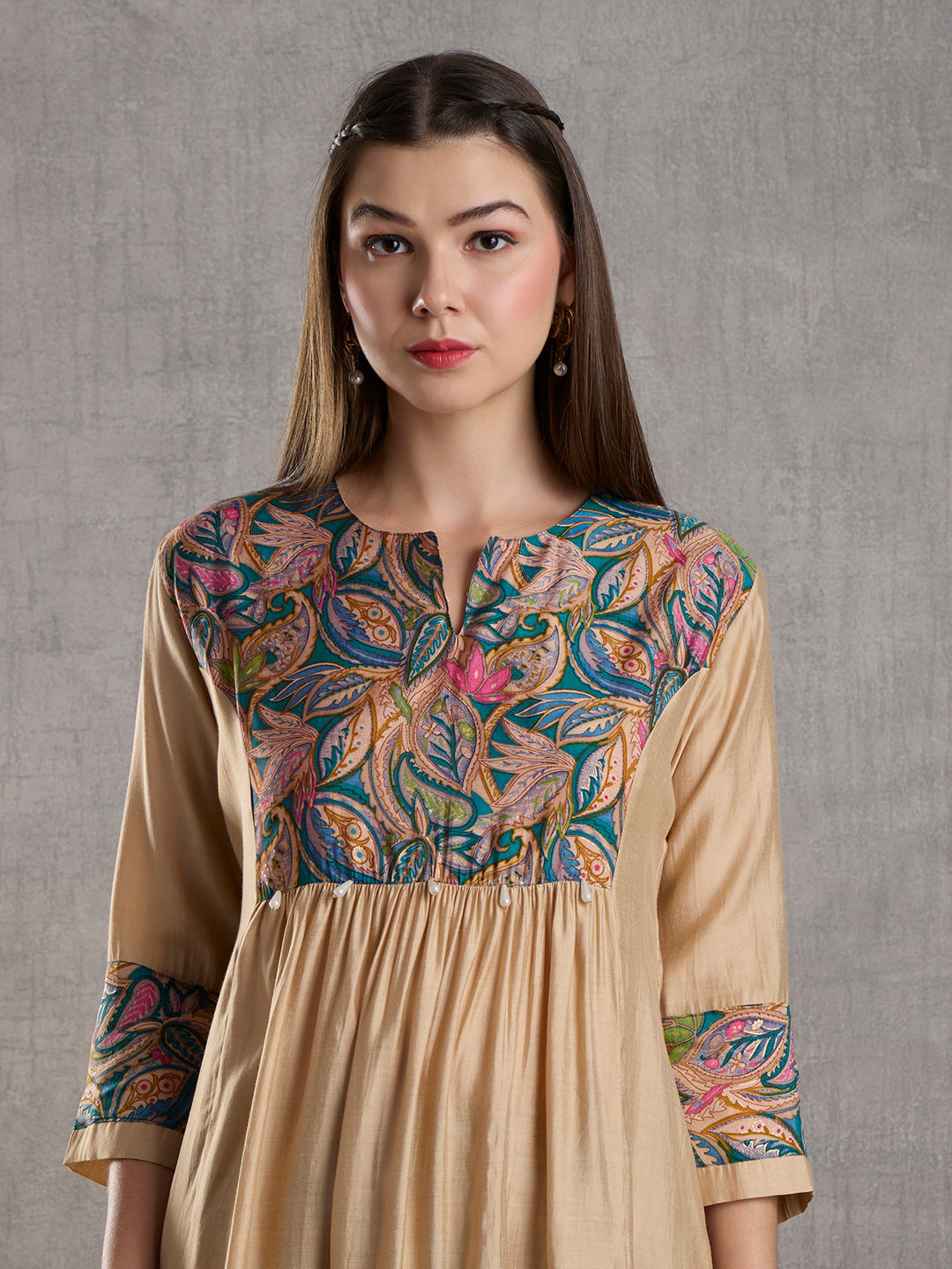 Floral Printed Yoke & A-Line Kurta with Palazzo - Cream