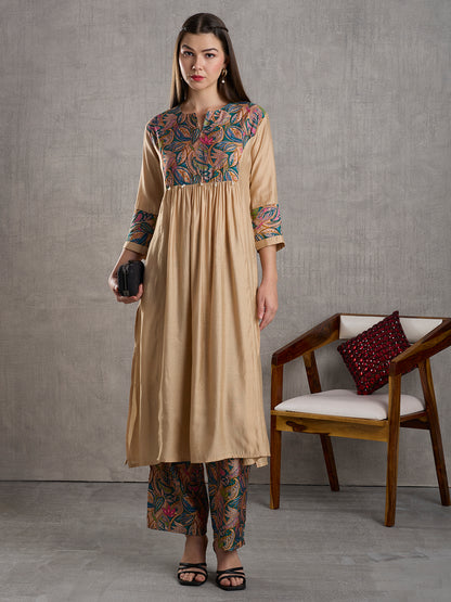 Floral Printed Yoke & A-Line Kurta with Palazzo - Cream