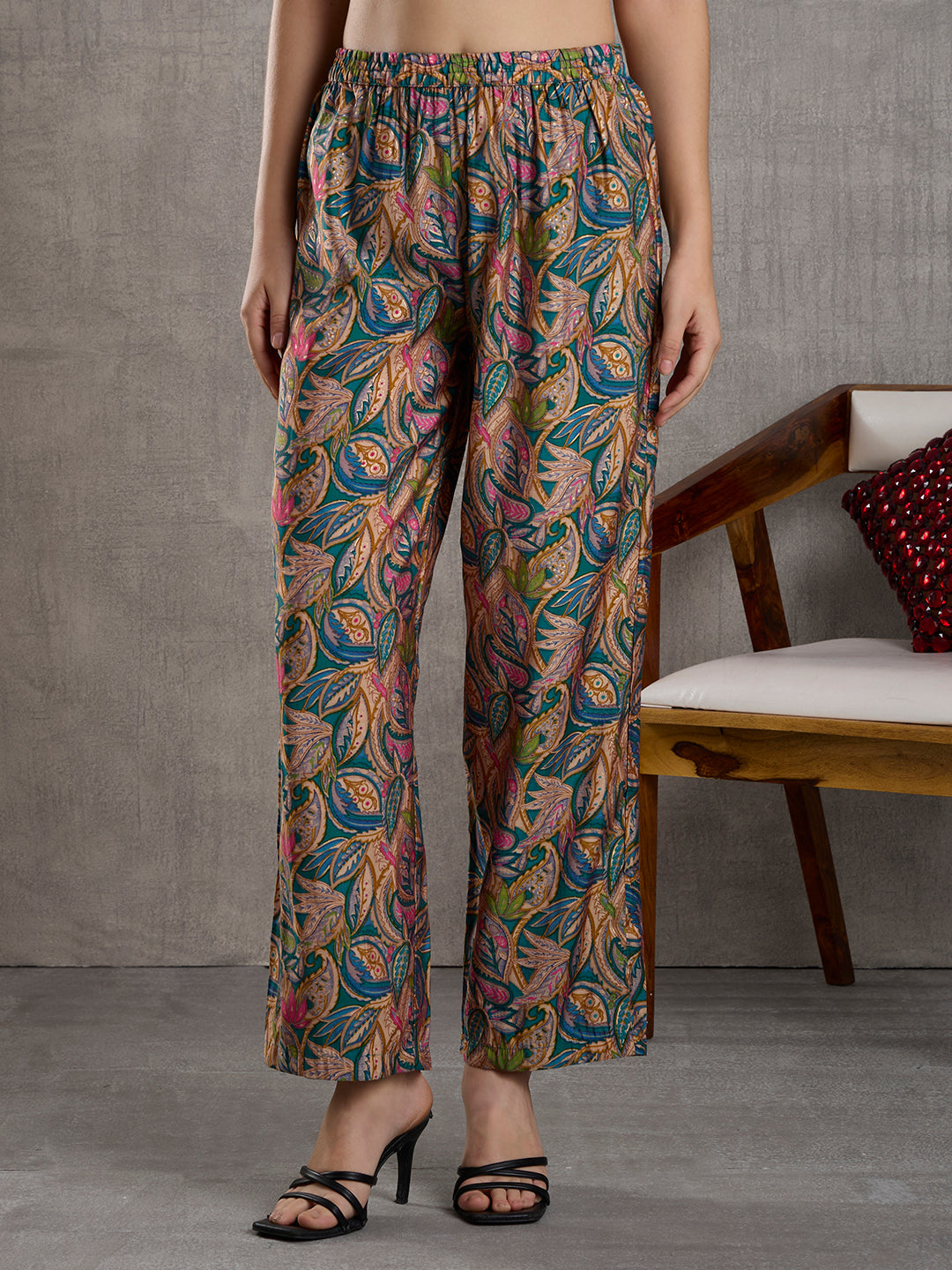 Floral Printed Yoke & A-Line Kurta with Palazzo - Cream