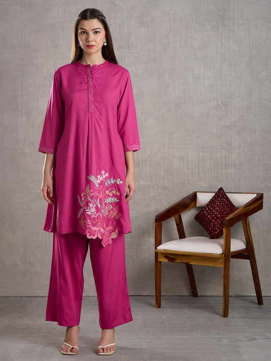 Solid Floral Embroidered A-Line Fit Co-ord Set - Pink