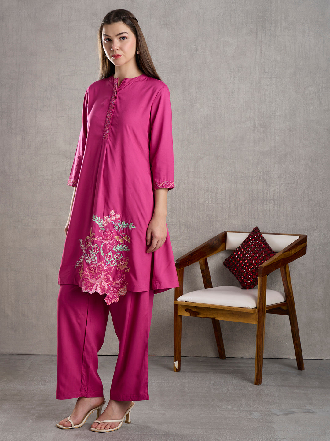 Solid Floral Embroidered A-Line Fit Co-ord Set - Pink