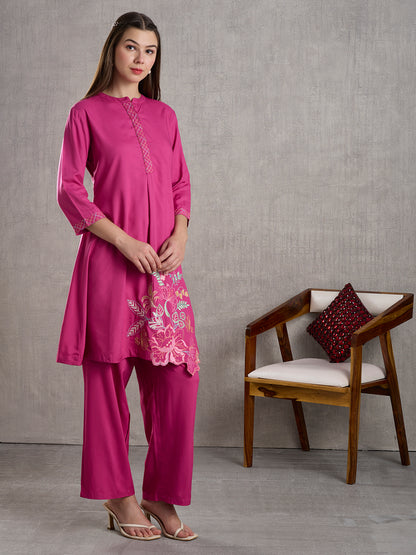 Solid Floral Embroidered A-Line Fit Co-ord Set - Pink
