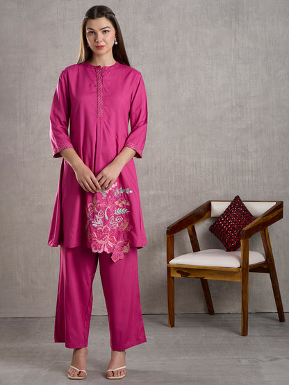 Solid Floral Embroidered A-Line Fit Co-ord Set - Pink