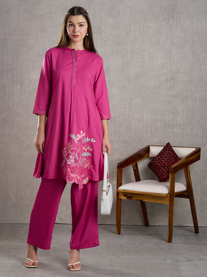 Solid Floral Embroidered A-Line Fit Co-ord Set - Pink