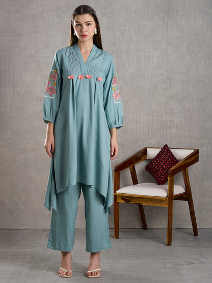 Solid Floral Embroidered A-Line High low Fit Co-ord Set - Powder Blue