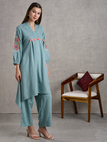 Solid Floral Embroidered A-Line High low Fit Co-ord Set - Powder Blue