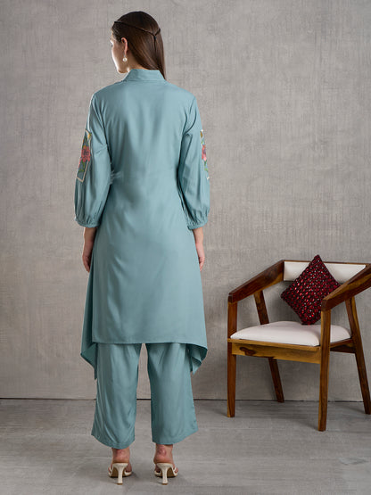 Solid Floral Embroidered A-Line High low Fit Co-ord Set - Powder Blue