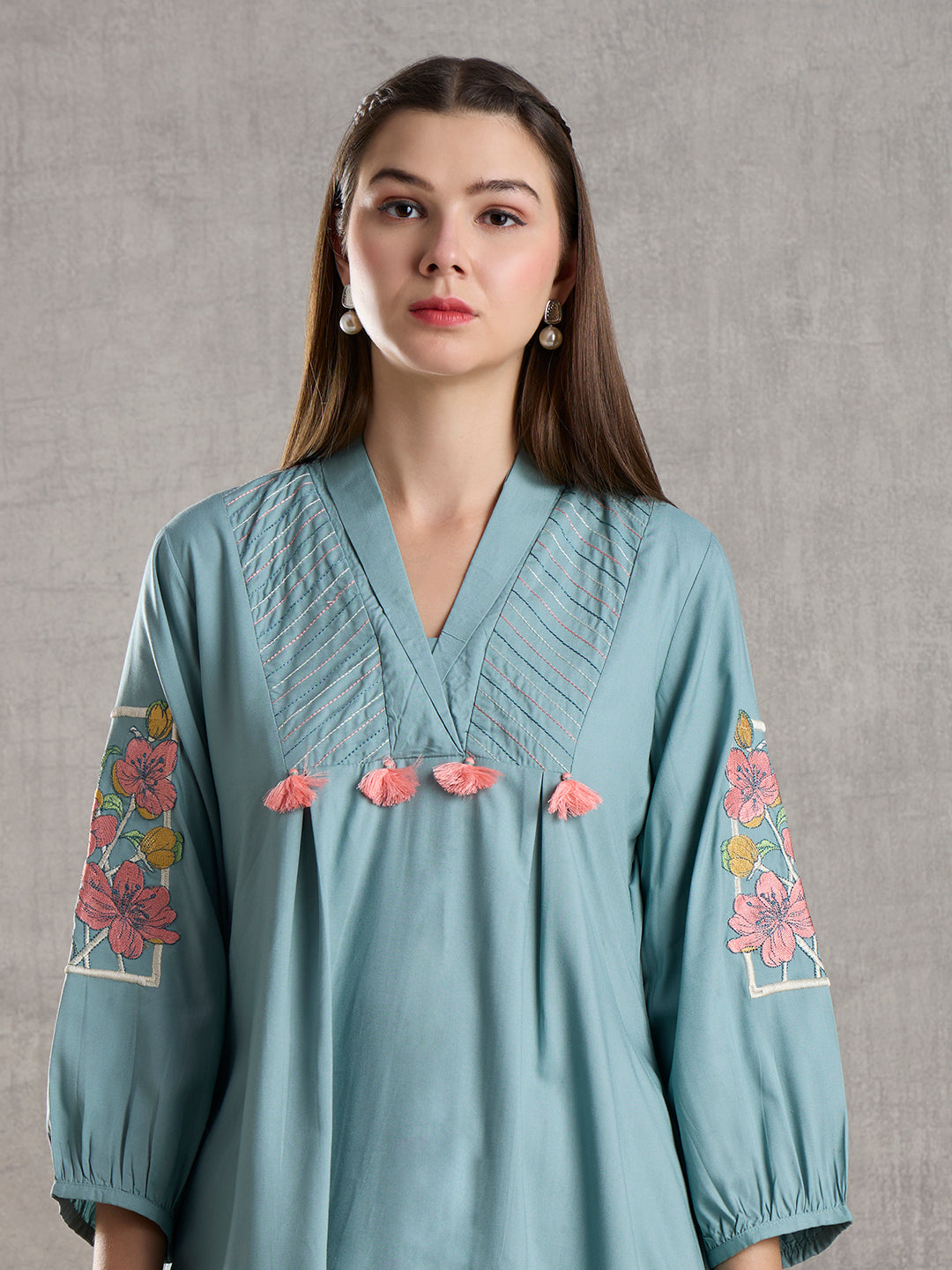 Solid Floral Embroidered A-Line High low Fit Co-ord Set - Powder Blue