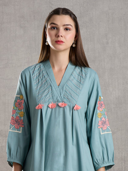 Solid Floral Embroidered A-Line High low Fit Co-ord Set - Powder Blue
