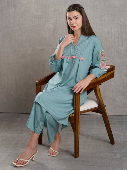 Solid Floral Embroidered A-Line High low Fit Co-ord Set - Powder Blue