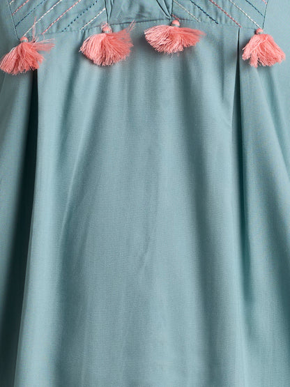 Solid Floral Embroidered A-Line High low Fit Co-ord Set - Powder Blue