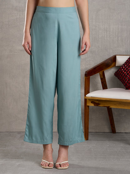 Solid Floral Embroidered A-Line High low Fit Co-ord Set - Powder Blue