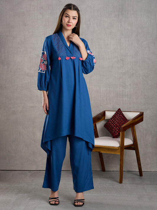 Solid Floral Embroidered A-Line High low Fit Co-ord Set - Blue