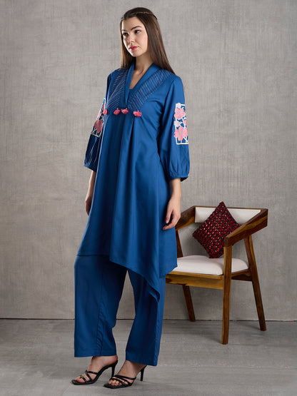 Solid Floral Embroidered A-Line High low Fit Co-ord Set - Blue