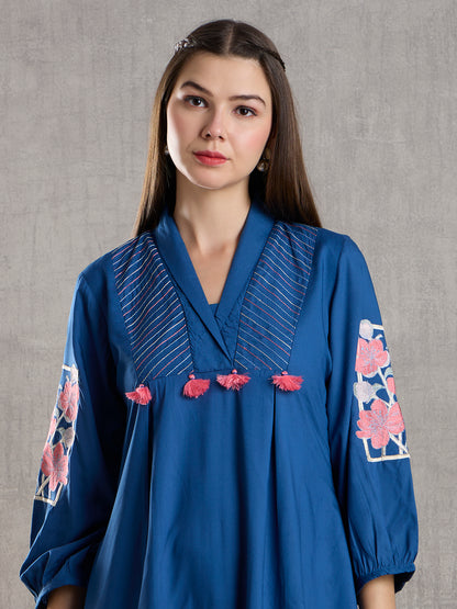 Solid Floral Embroidered A-Line High low Fit Co-ord Set - Blue