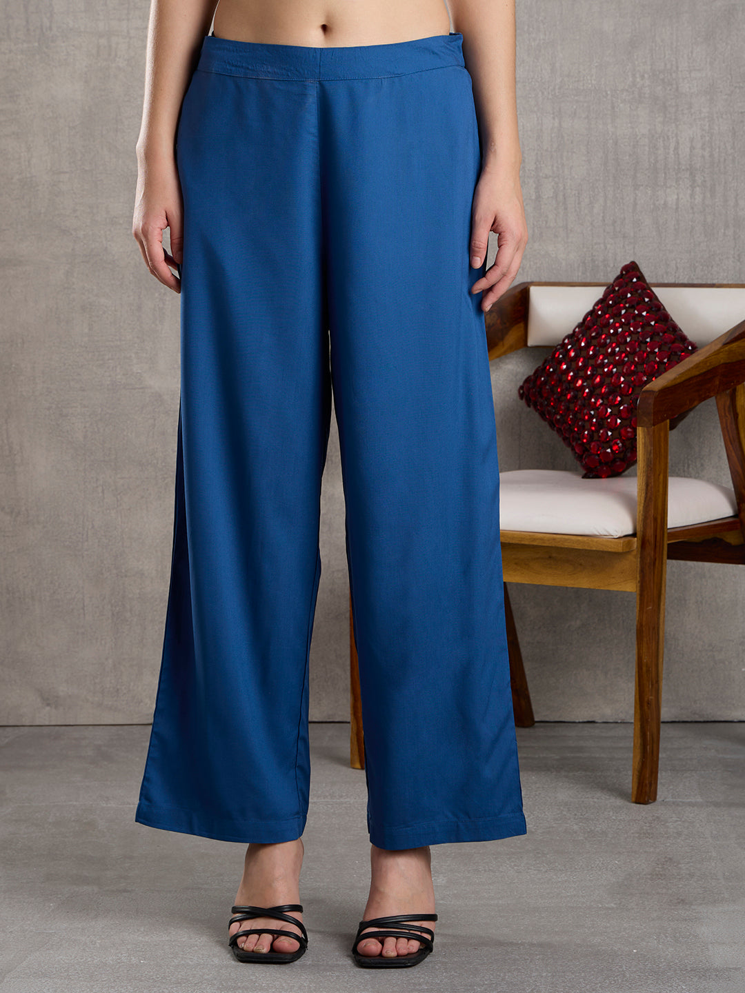 Solid Floral Embroidered A-Line High low Fit Co-ord Set - Blue