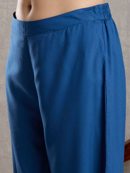 Solid Floral Embroidered A-Line High low Fit Co-ord Set - Blue