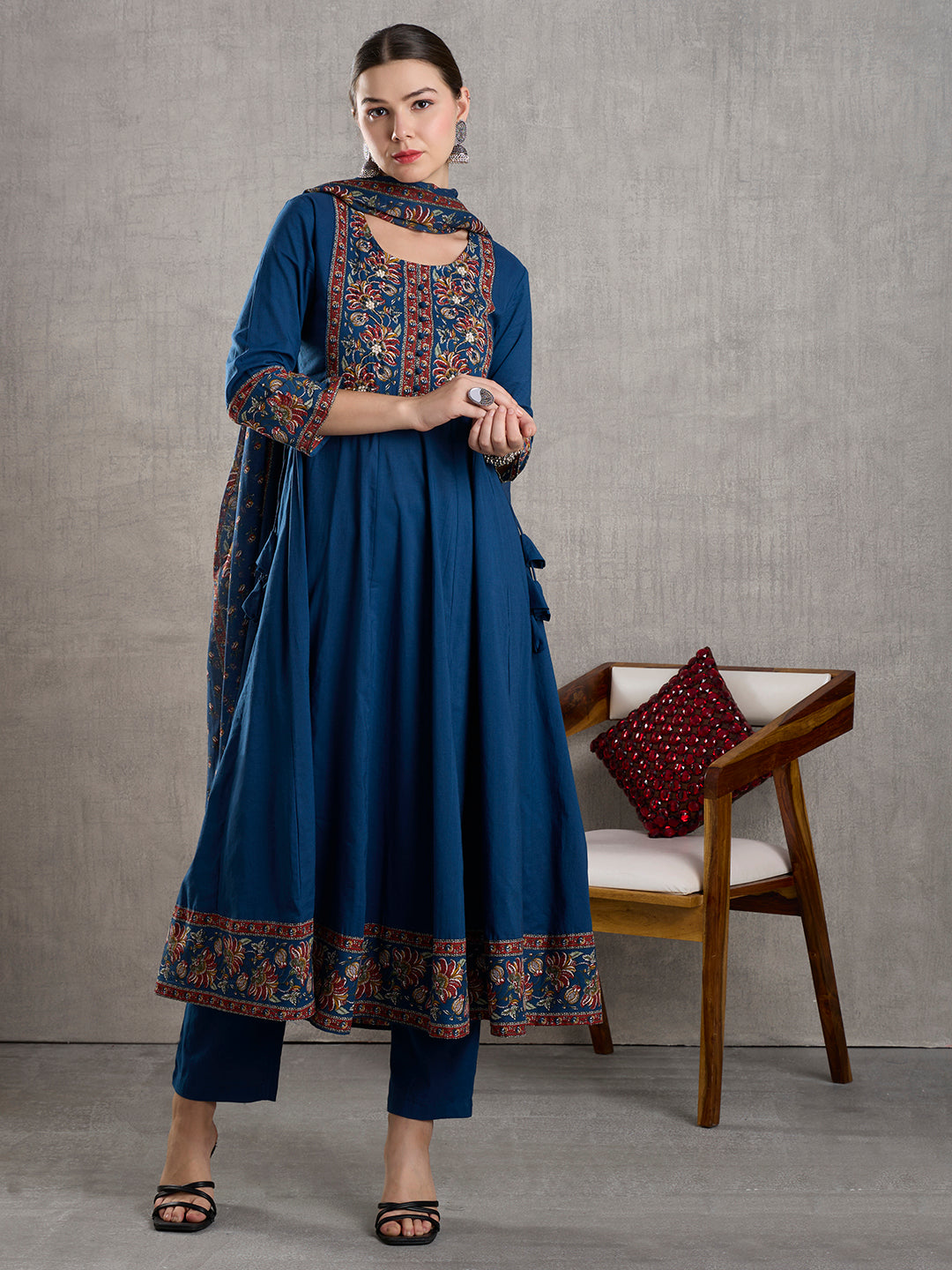 Solid Floral Printed Embroidered Anarkali with Palazzo and Dupatta - Blue