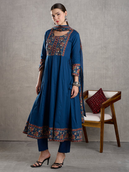 Solid Floral Printed Embroidered Anarkali with Palazzo and Dupatta - Blue