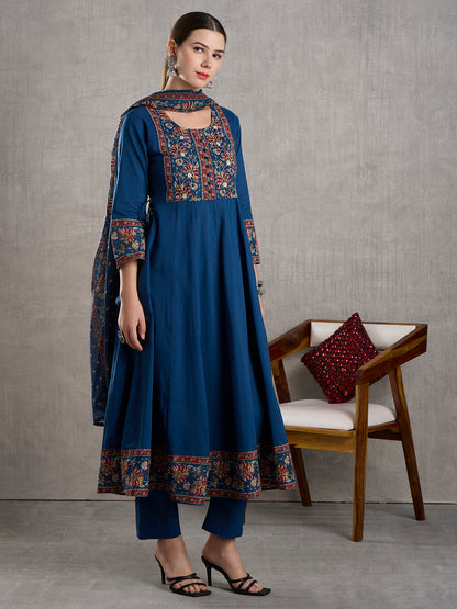 Solid Floral Printed Embroidered Anarkali with Palazzo and Dupatta - Blue