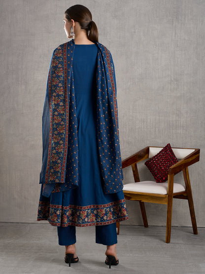 Solid Floral Printed Embroidered Anarkali with Palazzo and Dupatta - Blue